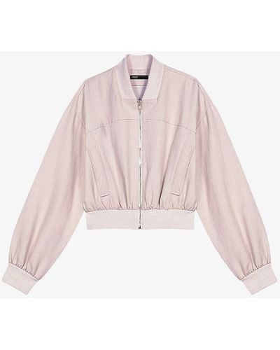Maje Ribbed-neck Cropped Cotton And Linen-blend Bomber Jacket - Pink