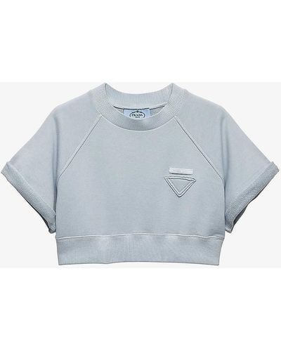 Prada Brand-appliqué Cropped Cotton-jersey Top - Blue