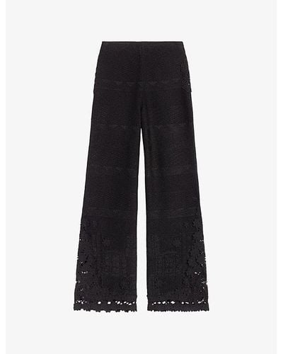 Maje Floral-crochet Wide-leg High-rise Stretch-knitted Pants - Black