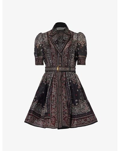 Zimmermann Belted Paisley-print Linen And Silk-blend Mini Dress X - Black