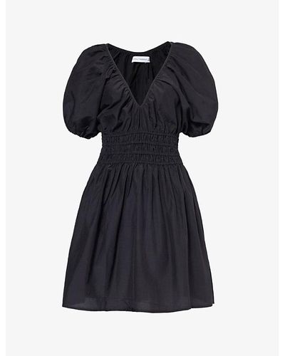 Faithfull The Brand Salone V-neck Gathered-waist Silk And Cotton-blend Mini Dress - Black