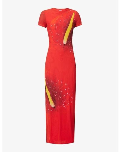 Loewe Anthurium Graphic-print Stretch-mesh Maxi Dress - Red