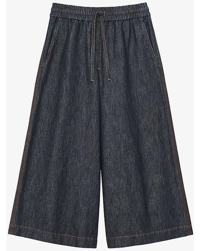 Loewe Anagram-embroidered Cropped Wide-leg Cotton And Linen-blend Trousers - Blue