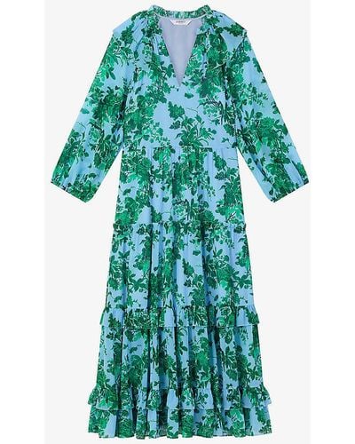 LK Bennett Eleanor Floral-print Tiered-hem Woven Midi Dress - Green