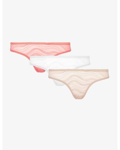 Calvin Klein Sheer Mid-rise Pack Of Three Stretch-lace Thongs - Pink
