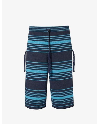 Craig Green Striped Tassel-embellished Cotton-blend Shorts - Blue
