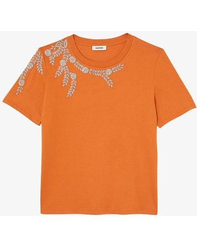 Sandro Rhinestone-embellished Cotton T-shirt - Orange