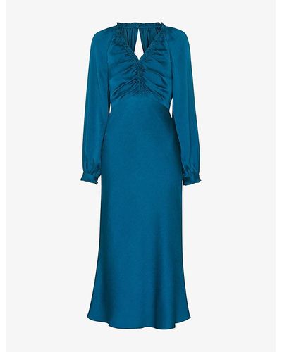 Whistles Aurora Gathered-bodice Satin Midi Dress - Blue