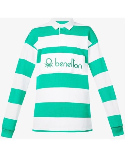 Benetton Striped Cotton Polo Shirt - Green