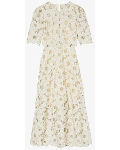 Sandro Floral-embroidered Scalloped-trim Woven Maxi Dress - White