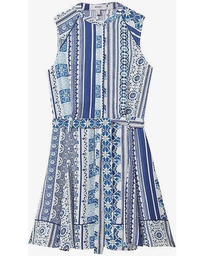 Reiss Florence Tile-print Sleeveless Woven Mini Dress - Blue