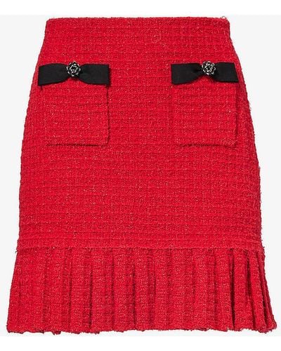 Self-Portrait Bouclé-texture Pleated Woven Mini Skirt - Red