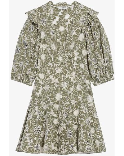 Sandro Audrey Floral-embroidered Cotton Mini Dress - Green
