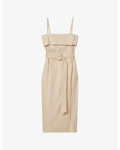Reiss Dhalia Straight-neck Belted Stretch-cotton Midi Dress - Natural