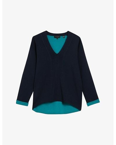 Ted Baker Vy Mikelaa Contrast-trim V-neck Stretch-knit Sweater - Blue
