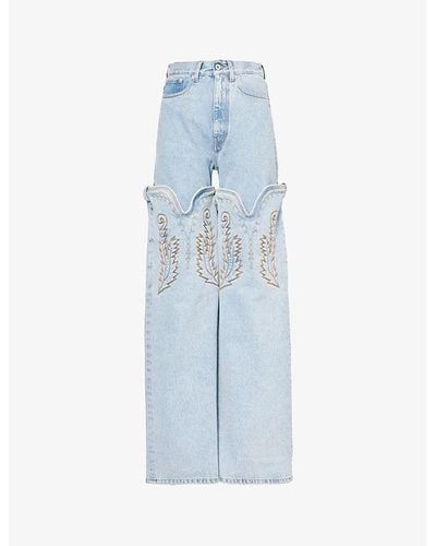 Y. Project Evergreen Cowboy Embroidered Mid-rise Wide-leg Organic-denim Jeans - Blue