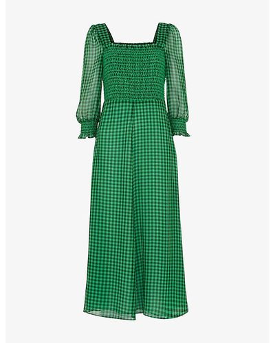 Whistles Lottie Gingham Check-print Shirred Crepe Midi Dress - Green