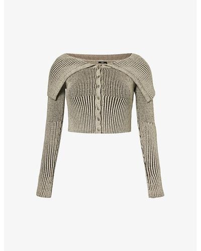 Jaded London Folded-collar Cropped Slim-fit Cotton Knitted Top - Natural