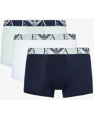 Emporio Armani Branded-waistband Pack Of Three Stretch-cotton Trunks - Blue