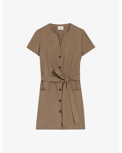 Claudie Pierlot Round-neck Belted-waist Short-sleeve Cotton Mini Dress - Natural