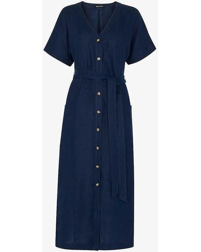 Whistles Vy Button-fastened Belted Linen Midi Dress - Blue
