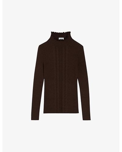 Claudie Pierlot High-neck Ruffle-trim Knitted Sweater - Brown