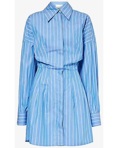 Woera Stripe-pattern Clinched-waist Cotton Mini Dress - Blue