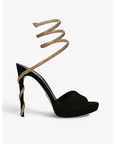Rene Caovilla Snake-strap Crystal-embellished Suede Heeled Sandals - Black