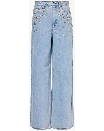 Self-Portrait Crystal-embellished Wide-leg Mid-rise Jeans - Blue