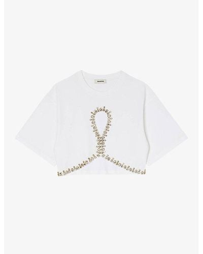 Sandro Rhinestone-embellished Cut-out Cotton T-shirt - White