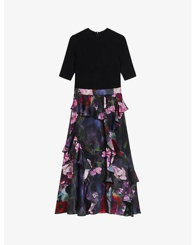 Ted Baker Rowana Knitted-blend And Floral Woven Midi Dress - Black