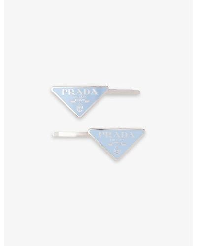 Prada Logo-plaque Silver-toned Metal Hair Clips Set Of Two - Blue