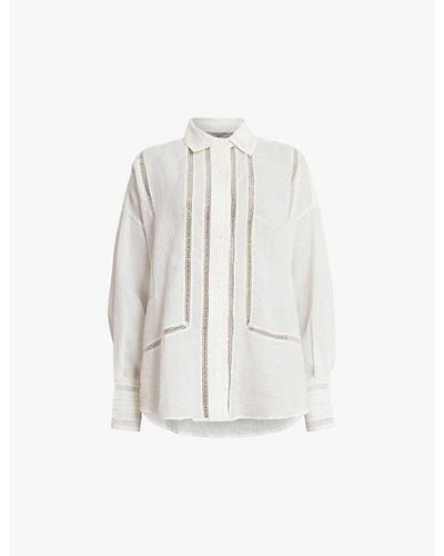 AllSaints Jade Embroidered-stripe Relaxed-fit Linen Shirt - White