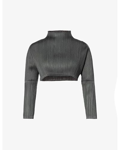 Pleats Please Issey Miyake Pleated Cropped Knitted Top - Gray