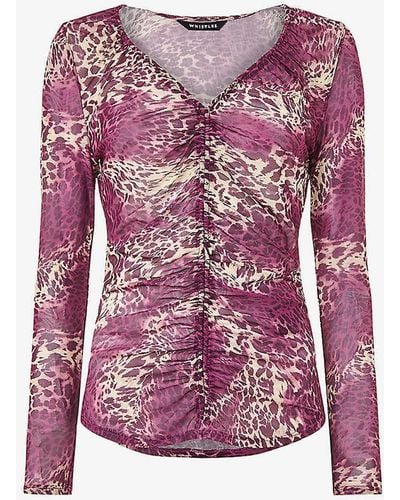 Whistles Sahara Ruched-front Leopard-print Stretch Recycled-polyester Top - Pink