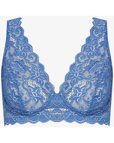 Hanro Semi-sheer Plunge-neckline Stretch-lace Bra - Blue