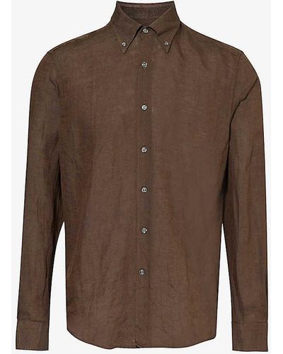 Oscar Jacobson Signature Button-down Collar Linen Shirt - Brown