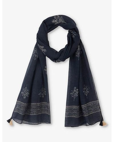 The White Company Leaf-motif Tassel-embroidered Cotton And Silk-blend Scarf - Blue