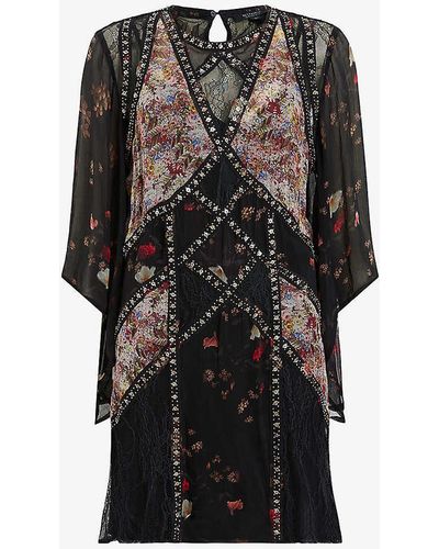 AllSaints Lucia Kora Sequin-embellished Floral-print Woven Mini Dress - Black