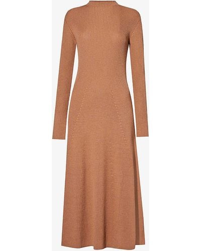Moncler Brand-appliqué High-neck Wool-blend Knitted Maxi Dres - Brown