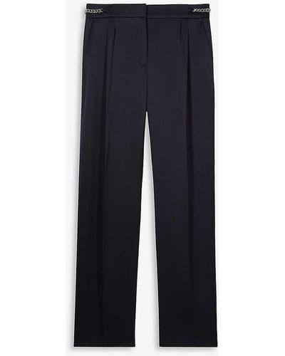 The Kooples Vy Chain-embellished Pleated-front Straight-let Mid-rise Woven Trousers - Blue