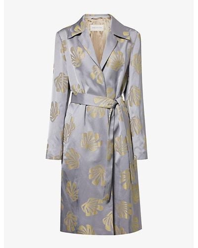 Dries Van Noten Embroidered-pattern Notched-lapel Belted Woven Coat - Gray
