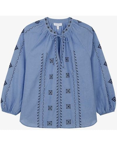 The White Company Embroidered Chambray Organic-cotton Blouse - Blue