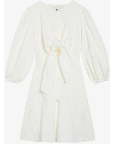 Ted Baker Askas Tie-front Puff-sleeve Stretch-cotton Mini Dress - White