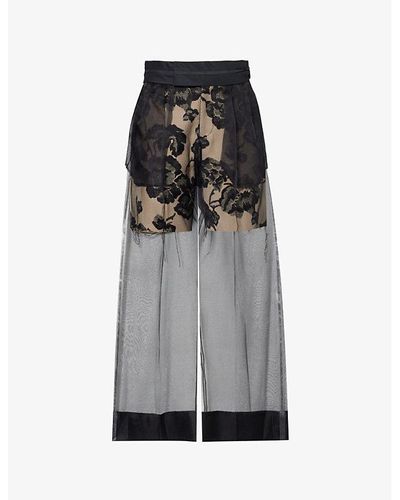 Undercover Pleated Mesh Overlay Silk Pants - Gray