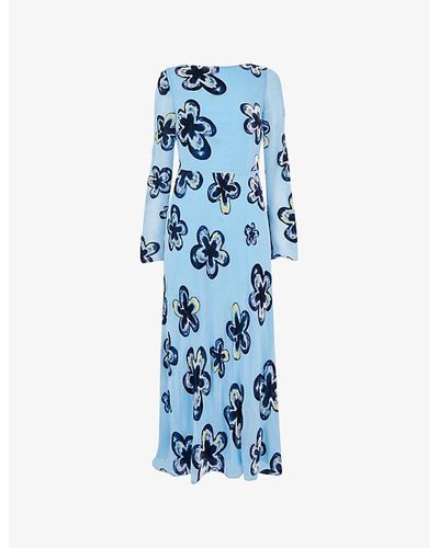 Whistles Hazy Floral Velvet Midi Dress - Blue