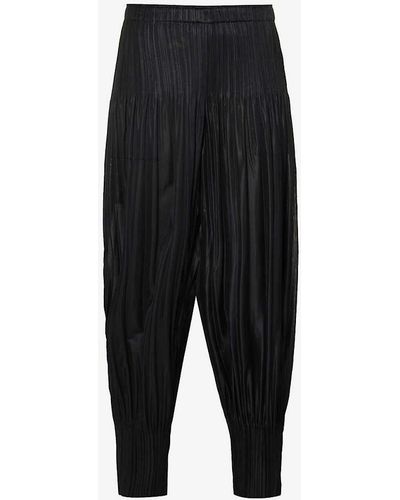 Pleats Please Issey Miyake Pleated Cropped High-rise Knitted Jersey Trousers - Black