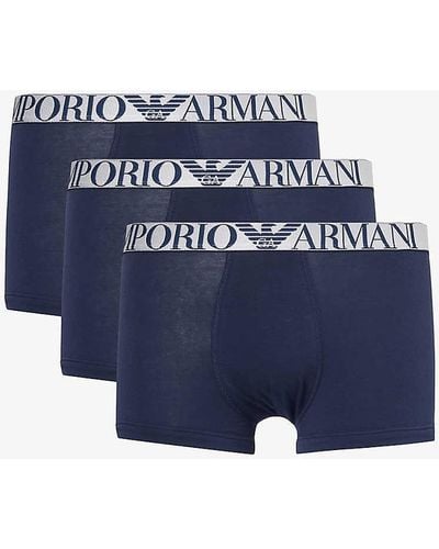 Emporio Armani Branded-waistband Pack Of Three Stretch-cotton Trunks - Blue