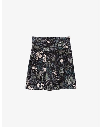 IKKS Floral-print Pleated Mid-rise Woven Mini Skirt - Black