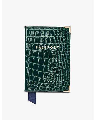 Aspinal of London Plain Crocodile-embossed Leather Passport Cover - Green